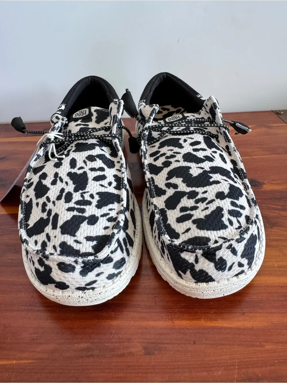 HEY DUDE Wally Funk Party Animal Men’s 10 Black White Cow Print NWT
